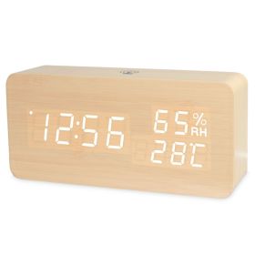 Smart APP LED Wooden Digital Alarm Clock Voice Control Thermometer Humidity Display White
